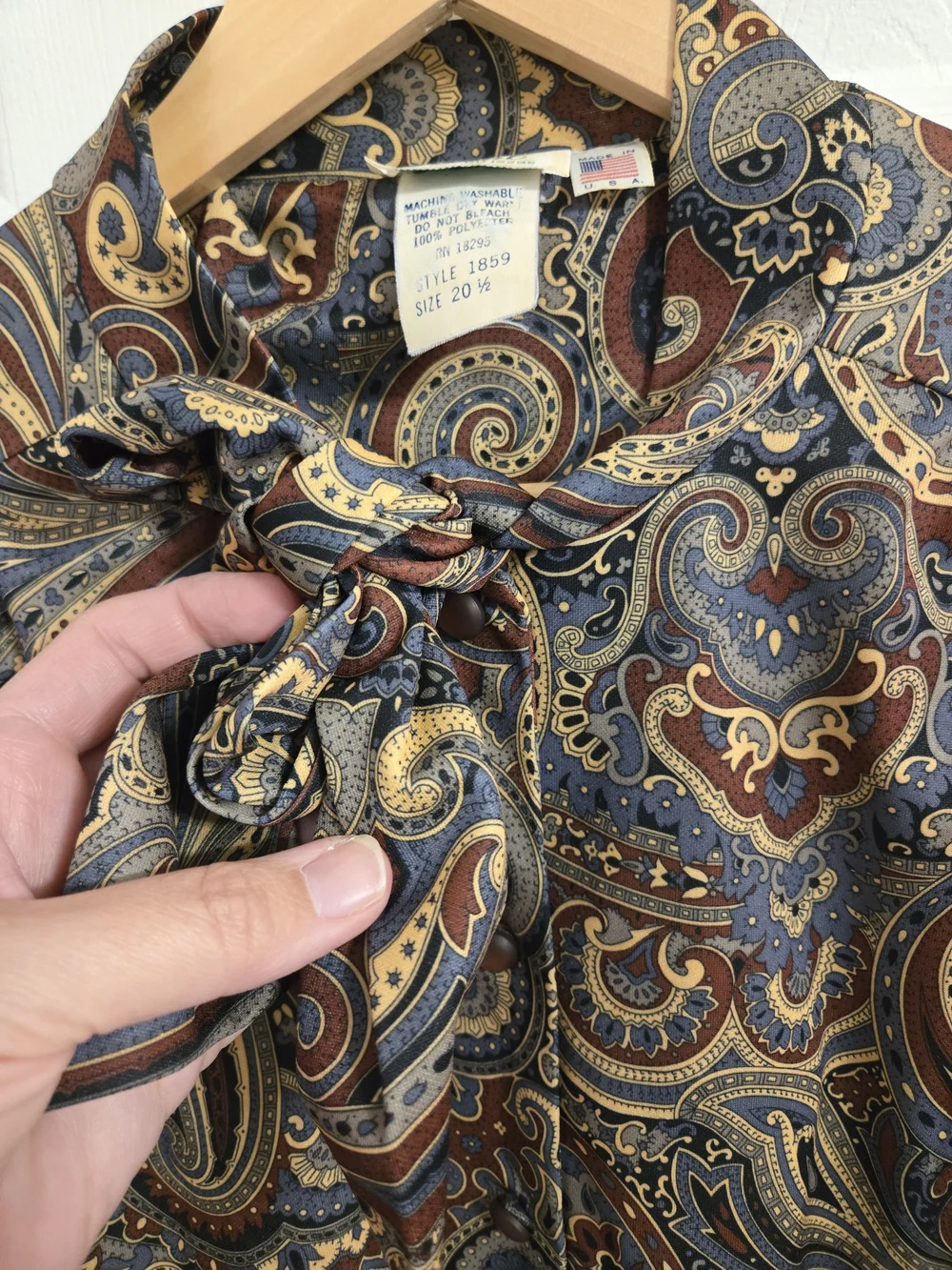 Vintage Brown And Grey Paisley Tie-Neck Long Sleeve Dress  Size 20 Made In USA - Picture 5 of 9
